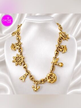 Vintage Guy Laroche Gold Tone Nautical Charm Necklace 19” with toggle Closure